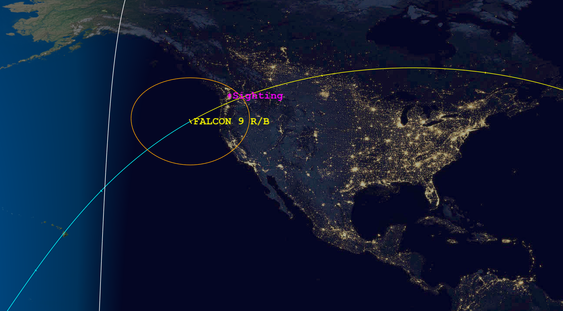 Close-up of reentry sighting location and time.