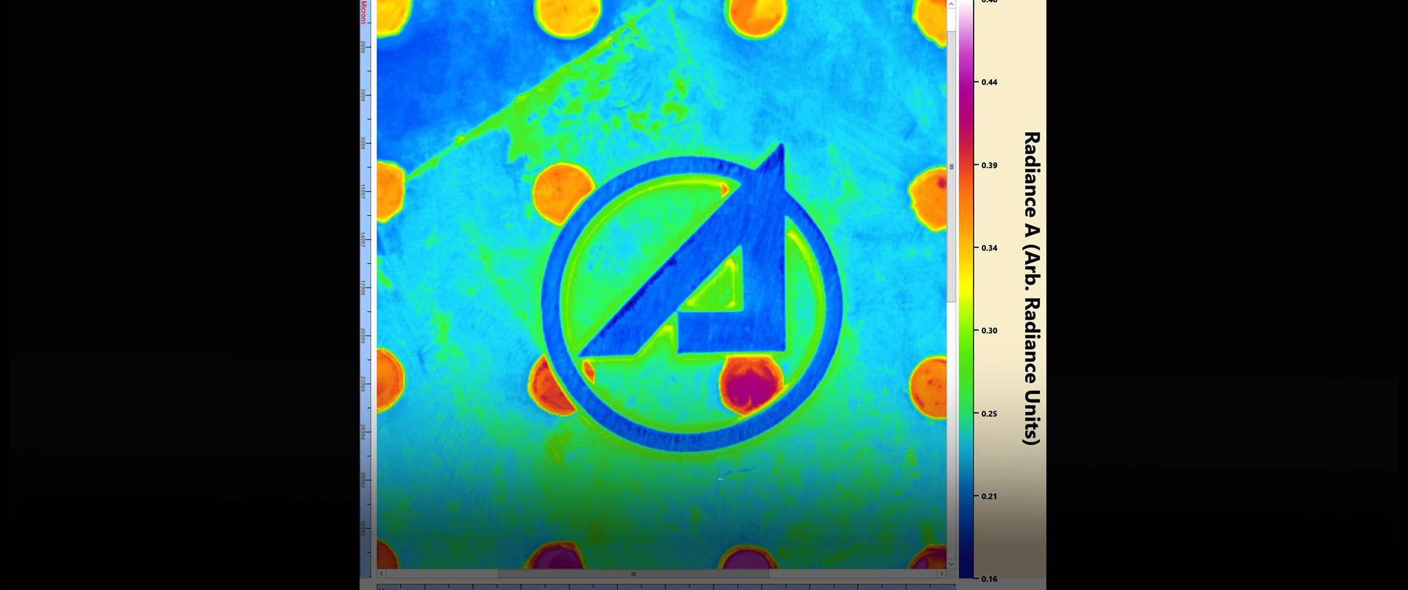 Cir-Cool A: Radiance map of Circle A pin. Measuring the thermal radiation emmitted from a material allows us to measure its temperature. This Circle A pin was dipped in a container of liquid nitrogen, which has a boiling point of -196 degrees Celsius, immediately before taking this radiance map.