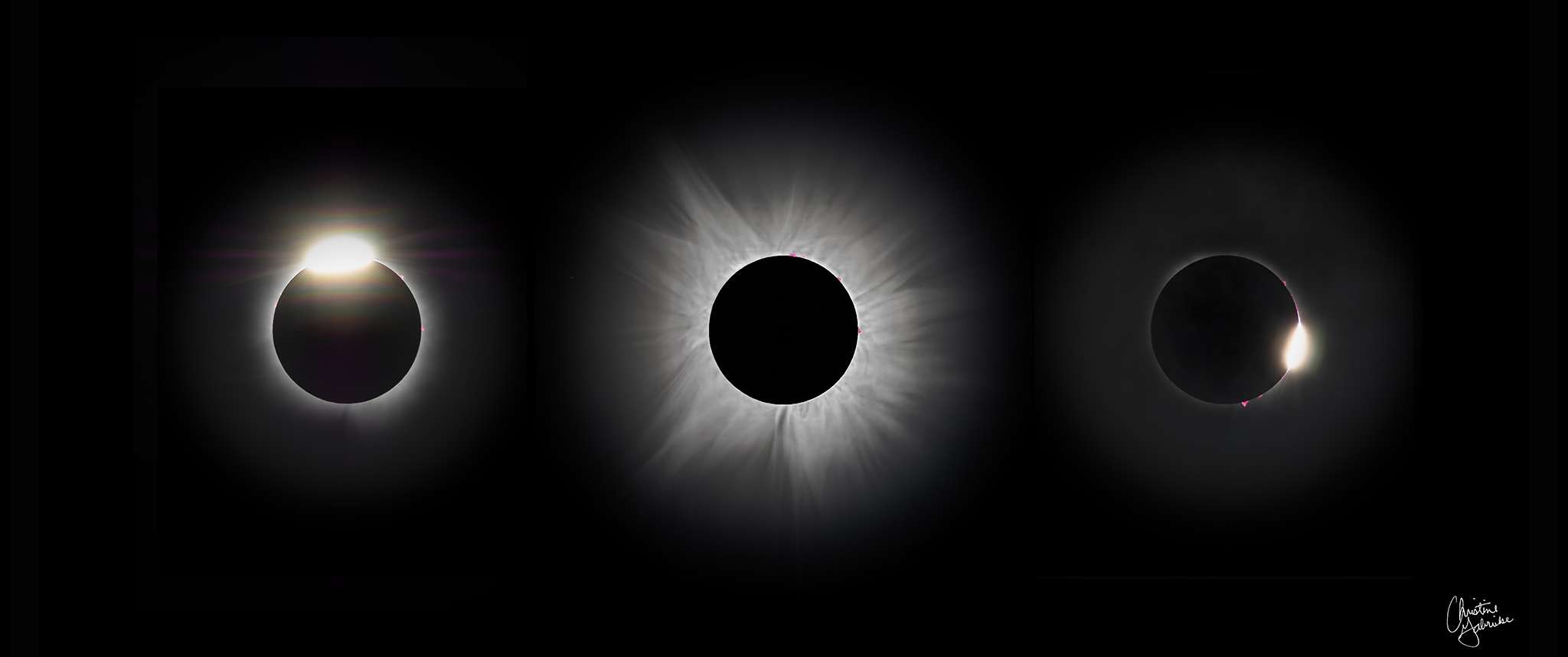 Diamonds are a Sun’s Best Friend: This photo is a compilation of three parts of the eclipse observed April 8, 2024 with totality sandwiched between two “diamond rings”, a visual effect that appears immediately before and after totality.