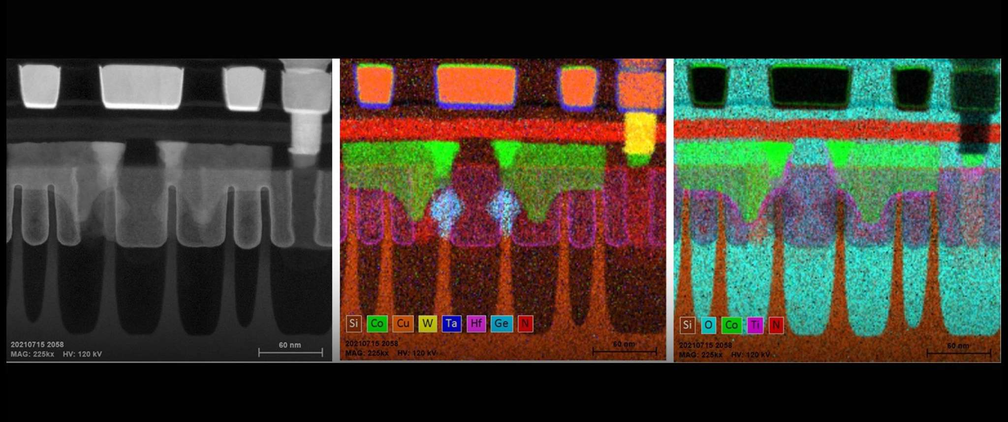 FinFET Forest: The Microelectronics Lab has state of-the-art tools for analyzing structure and defects in modern microelectronic devices down to the atomic scale. This is a cross-sectional Transmission Electron Microscope (TEM) and Energy-dispersive X-ray spectroscopy (EDXS) compositional maps tryptych for 7 nm node FinFETs (Fin Field Effect Transistor).