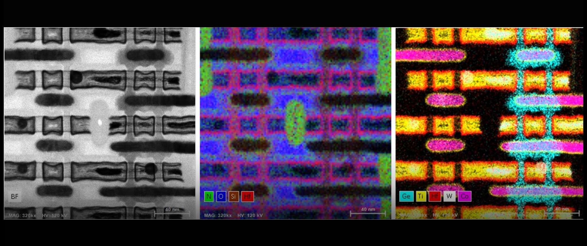 Follow Every Trace (FET): The Microelectronics Lab has state of-the-art tools for analyzing structure and defects in modern microelectronic devices down to the atomic scale. This is a plan-view (horizontal view from above) Transmission Electron Microscope (TEM) and Energy-dispersive X-ray spectroscopy (EDXS) compositional maps tryptych for 5 nm node FinFETs (Fin Field Effect Transistor).