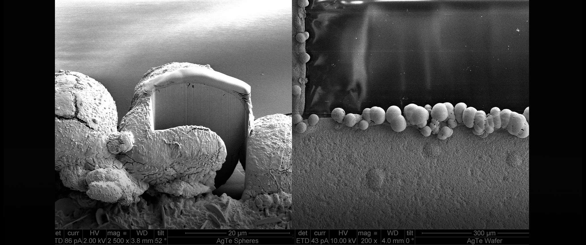 Silver Telluride: Spheres Unexpected solid spheres of silver telluride were found to collect along the edge of a silver sample following a simple silver surface treatment. Aerospace scientists use an array of analytical techniques to identify unusual products from chemical reactions and to understand how they may impact spacecraft component performance.