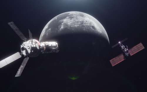 Depiction of Orion spacecraft delivering crew to the Gateway Space Station.