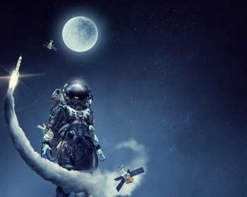 Futuristic graphic of a person in a space suit underneath the moon and a rocket